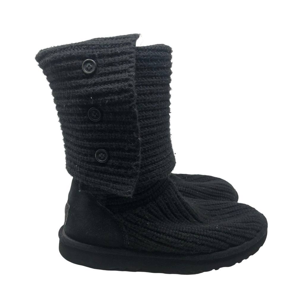 UGG Shaina Knit Cuff Boots Womens 8 Black Suede Button Detail Cozy Winter Cabin